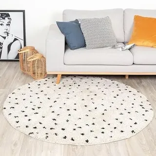 FRAAI | Home & Living Teppich Hochflor Rund - Grand Dots Creme Schwarz - Ø 180 cm - Punkte - Modern, Skandinavisch - Wohnzimmer, Esszimmer, Schlafzimmer - Fellteppich