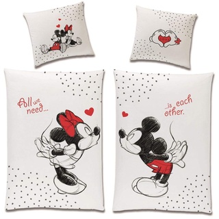 Wende-Bettwäsche Set Disney Classic Mickey und Minnie Mouse in Love 135x200 80x80 cm aus 100% Baumwolle Weiss Rot Partner-Bettwäsche (4-TLG)