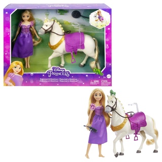 DISNEY PRINZESSIN Rapunzel & Maximus - Puppe und Pferd mit abnehmbarem Sattel und Zügeln, inklusive Pascal-Figur und Bratpfannen-Bürste für Frisuren-Spaß, HLW23