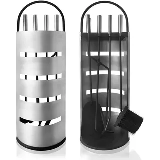 UISEBRT Kaminbesteck Edelstahl - Modern Kamin Besteck Set 5 teilig: Edelstahl Ständer mit Sichtschutz, Besen, Zange, Schürhaken, Ascheschaufel