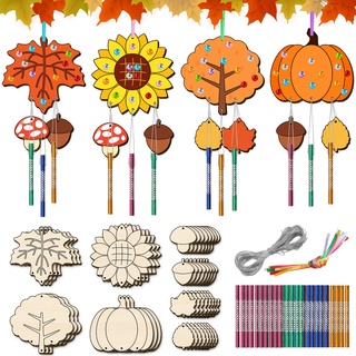 Nourdom 12tlg DIY Herbst Windspiel Bastelset Kinder, Holz Blatt Windspiele zum Bemalen mit Hängendem Klangspiele Kreativsets mit Diamant Aufkleber Geburtstag Geschenke für Mädchen Jungen