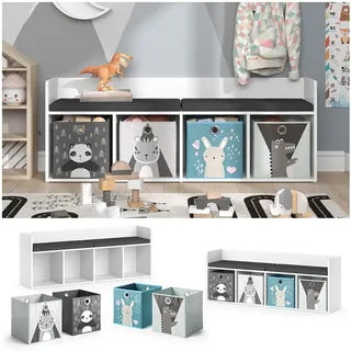 Vicco Sitzbank Kinderzimmerbank Kinderregal Luigi Weiß 142x53 cm modern Faltbox Kinderzimmer Regal Aufbewahrungsregal Bücherregal Lesebank Spielzeugaufbewahrung Organizer Regal-Bank-Kombi 4 Fächer