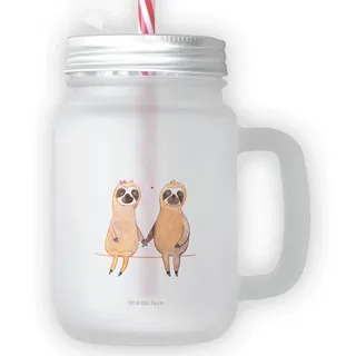 Mr. & Mrs. Panda Cocktailglas Faultier Pärchen, Cocktailglas, Transparent, Liebe, Mason Jar, faul, Premium Glas, Mason Jar Glas Trinkglas mit Deckel Becher mit Strohhalm