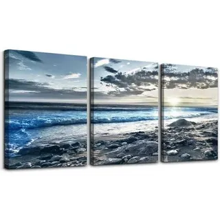 Sonnenaufgang Blau Strand Leinwandbild, Ozean Landschaft Deko 40x30 cm