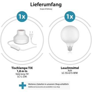 ledscom.de E27 Porzellan Tischlampe TIX, rund mit Stecker und Schalter, weiß, 90mm inkl. E27 Leuchtmittel 550lm warmweiß
