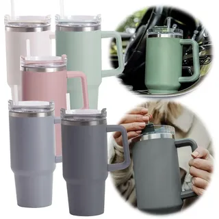 LS-LebenStil XL Edelstahl Trinkbecher Anthrazit 1200ml mit Griff Strohhalm Trinkhalm Vakuum Kaffeebecher Coffee to Go Doppelwandig Autobecher Tumbler Thermobecher Isolierbecher 1,2 Liter