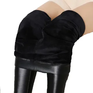 Minetom Damen Leggings PU Leder Hose Fleece Gefüttert Winter Warm Dicke Leggins Strumpfhosen Treggings Skinny Sweatpants Imitation Leather Sexy Lederoptik Thermohose