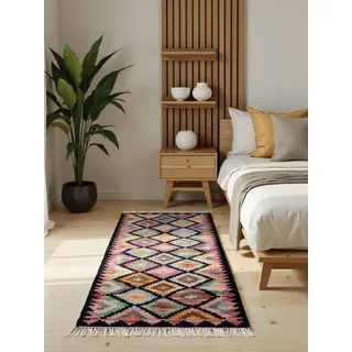 Hanse Home Afghan Kelim Teppich Zara - Bunter Traditioneller Teppich Handgewebt, Wolle & Baumwolle, Afghanischer Stil Oriental mit Fransen für Wohnzimmer, Schlafzimmer - Schwarz Multi, 60x190 cm