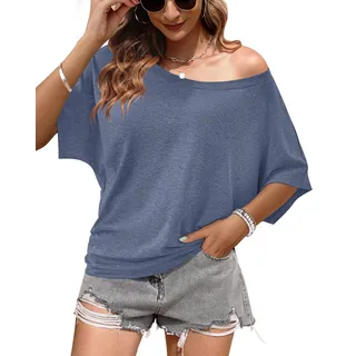 WNEEDU Schulterfreies Oberteil Damen Sommer Fledermaus T Shirt Longshirt | Off shoulder top, lässig basic locker Rundhals shirt - M