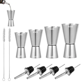 Cocktail Messbecher Set Edelstahl Doppelmaß Jigger 3/4/5/6 cl 4er Set mit Ausgießern und Bürsten