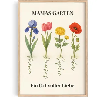 Tassenliebling® - Mama Poster personalisiert - Mamas Garten - Poster Blumen mit Namen – Muttertagsgeschenk mit Spruch – Geschenk für Mama – Wanddeko (A4, A3) mit oder ohne Rahmen - 4 Kinder