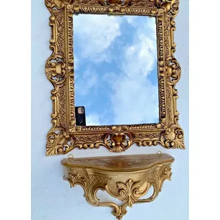 Wandspiegel Gold mit Konsole Barock Antik 45x38 Flurspiegel Badspiegel mit Ablage Wanddeko Prunkspiegel 3047+cp69 Set