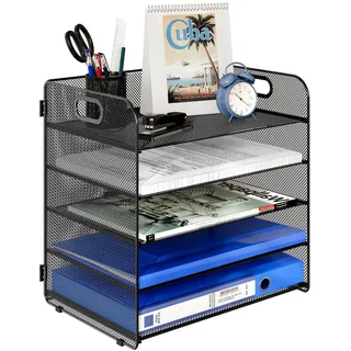 TQVAI Schreibtisch Organizer Briefablage 5 Fächer Metall Dokumentenablage A4 Papierablage Ablage Zeitschriftensammler Zubehör Organizer für Büro Zuhause Schule, Schwarz