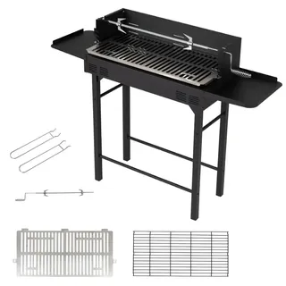 KOMFOTTEU Holzkohlegrill, Campinggrill mit höhenverstellbarem Grillrost, Drehspieß & 2 Ablagen, Grillwagen mit Windschutz & 2 Grillrosthebern, Ou... - Schwarz