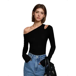 EMOTTOS Damen Y2K Tops, Sexy Asymmetrische Off Shoulder Cut Out Shirts Schrägem Ausschnitt Langärmeliges Slim Fit Oberteil One Shoulder Shirt Enges Elastisches Party Festival Top, Schwarz, S/M/L - S