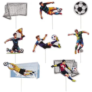 dekora - Tortendeko Fussball, Fussball Deko Geburtstag Kinder, 16 Cake Topper/Tortenstecker (8 Motive) mit Spielern Ball und Tor, Fußball Tortendeko für Kuchen & Cupcakes