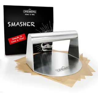 DREIBERG® Grillpresse Set inkl. Burgerpapier – Burgerpresse Edelstahl für Smash Burger. Burger Smasher. Smashed Burger Presse für Grill, Pfanne & Teppanyaki Platte(rund)