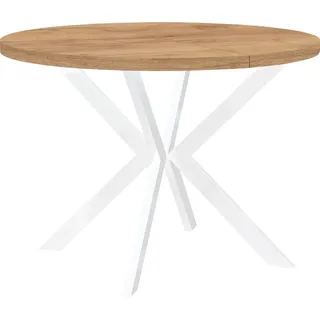 Runder Esstisch Weiß ENDIK 90/140 cm ausziehbar, Eiche Craft Gold mit Metallgestell – Industrial, Loft - Braun/Weiß