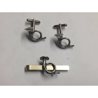 Giftsforall c22 Manschettenknöpfe mit Krawattennadel, Motiv Jagdhorn, feines englisches Zinn