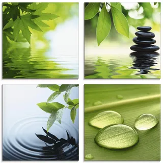 ARTland Glasbild Wandbild Glas Bild 4er Set 4 teilig je Wellness Entspannung Zen Wasser Grün Blätter Stein Pyramide S6PI