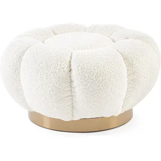 Pouf Florel aus Boucle-Stoff, modern gepolstert, rund, weiß, eleganter Mittelfuß in Gold