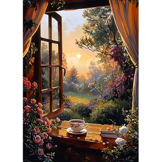 EOBROMD Diamond Painting Fensterblick, 5D Diamant Painting Bilder für Erwachsene Sonnenuntergang, DIY Diamant Malerei Set für Wanddekoration 30x40 cm