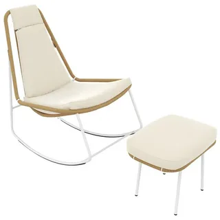 Refined Living Schaukelstuhl Balkonmöbel Set, 2-tlg, Garten Schaukelstuhl-Set mit Fußhocker (aus verzinktem Stahl, handgeflochtenes Seil, Terrassenstuhl mit Fußhocker, Schaukelstuhl Garten, Outdoor Relaxsessel, Gartenstuhl mit Polster, Loungesessel mit Hocker, Gartenmöbel Set 2-teilig, Relaxstuhl Balkon wetterfest, Balkonstuhl, Schaukelstuhl ergonomisch, Outdoor Möbel, Robuste, Langlebige Konstruktion, Bodenschutz und Stabilität, 2 St), für Terrasse,Balkon,Wohnzimmer,Garten,Outdoor,Wintergarten,Schlafzimme weiß