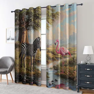 zcwl Zebra und Flamingo Vorhänge, Afrikanische Verdunklungsvorhänge mit Ösen, Vorhang Blickdicht für Wohnzimmer Schlafzimmer Dekoration, Gardinen mit Muster, 2er Set, 145 x 140 cm (HöhexBreite)