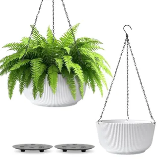 T4U Φ25cm Blumenampel Plastik 2er Set, Hängeampel mit Ketten, Blumenampel mit Bewässerungssystem zum Garten Wohnzimmer Blumentopf Hängend Outdoor für Hängetopf für Pflanzen, Weiß