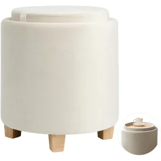 Zedelmaier Zylindrischer Samthocker Sitzhocker mit Stauraum rund, Sitzhocker mit Deckel, Schminkhocker, Fußhocker mit Aufbewahrungsbox, Polsterhocker mit Holzbeinen, Couchtisch, φ36x45cm Beige