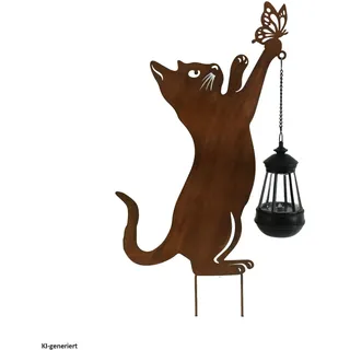 Hti-Living Gartenstecker Katze mit Lampe Metall Rostoptik Blau