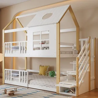 Etagenbett 90×200 Cm, Einzelbett Mit Aufbewahrungstreppe, Rausfallschutz Und Haus Design, Ohne Matratze, Weiß Natur