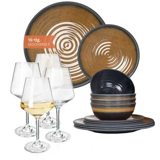 Moritz Geschirr-Set Camping Geschirr Stone Curry + Milano Weißweingläsern