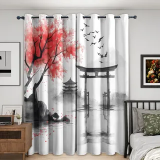 Generisch Japanische Asiatisch Vorhänge Blickdicht Gardinen mit Ösen, Orientalische Landschaft Deko Muster Wohnzimmer Schlafzimmer Fenster Verdunklungsvorhänge, H 166 x B 75 cm 2er Set P1E1-28