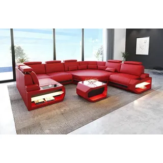 Sofa Dreams Wohnlandschaft Sofa Leder Asti U Mini, Couch, kleines U Form Ledersofa mit LED, Designersofa rot|schwarz