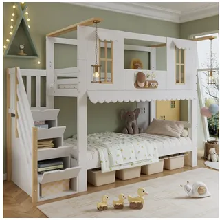 Merax Etagenbett (Kieferholz Hausbett Stockbett, 1-St), Kinderbett 90x200cm mit Aufbewahrungstreppe Fenster Dachrand Dekofilz weiß