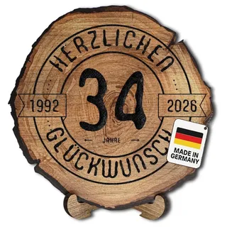 Holzscheibe 34 Jahre Geburtstag, Glückwunsch-Schild, Baumscheiben-Optik, Ø 30 cm, HDF-Platte 6 mm