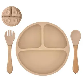 König Design Kindergeschirr-Set Babyteller Kinderteller mit Saugnapf Teller mit Löffel Gabel, 1 Personen, Silikon BPA Frei Baby Tischset für Baby und Kinder braun