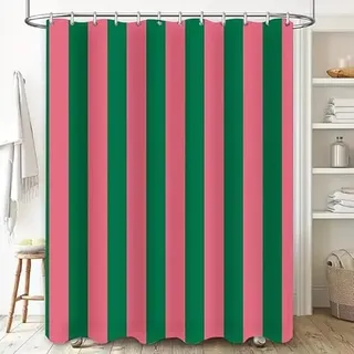 AJALGZ Grün-Rosa gestreifter Duschvorhang, wasserdicht, Baddekoration, Badezimmer-Stoff, Duschpaneele (200 x 152 cm/Anti-Schimmel)