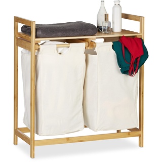 Relaxdays Wäschekorb Bambus, Wäschesortierer mit Ablage, 2 Fächer, ausziehbar, tragbarer Wäschebehälter, 60 Liter, Natur, 1 Stück