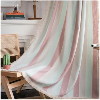 Epinki Vorhang UV Schutz Ösen 132x260cm(BxH), Streifen Weiß Bart Rose Gardinen aus Baumwolle, Dekoschal für Schlafzimmer