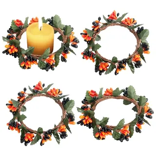 DeryArcle 4 Pcs Beere Weihnachts Kranz Deko,Schwarz Orange Bead Kerzenring,6cm Herbst TürKranz WandKranz,Beerenkranz für Erntedankfest Hochzeit Wand Tisch Deko (Schwarz-orangefarbene Perlen)