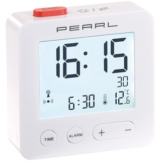 PEARL Reisefunkwecker: Digitaler Reise-Funk-Wecker mit Thermometer und beleuchtetem Display (Funkwecker Digital, LCD Funkwecker, batteriebetrieben)