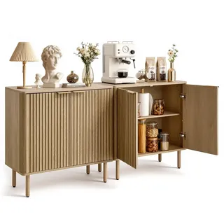 VEVOR Sideboard Küchenschrank, Geriffelter Kaffeebar-Tisch im Mid-Century-Stil mit 2 Ablageflächen, Buffetschrank mit 4 Scheunentüren, für Wohnzimmer, Eingangsbereich, 80x37,5x80 cm