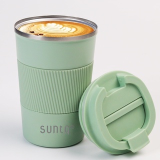 SUNTQ Kaffeebecher to go Thermo aus Edelstahl - Thermobecher mit Gummierte Manschette Doppelwand Isoliert - Kaffeetasse mit Auslaufsicherem Deckel Wiederverwendbar 380ml Mintgrün