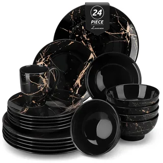 LOVECASA Daphne Porzellan Geschirrset 24-teilig für 6 Personen, Schwarz mit Gold Marmor Design, Tafelservice Set mit Essteller, Dessertteller, Schüssel und Tassen