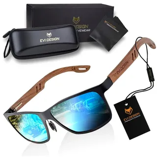 Sonnenbrille Herren Polarisiert UV400, Blaue Gläser Holz Sonnenbrille Nerd-Stil, Walnussholz-Bügel inkl. Etui & XXL-Zubehör, EVI DESIGN Blau - Blau