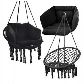 Hängesessel 200kg zum Aufhängen | Schaukelkorb | Hängekorb wetterfest | Hängestuhl Indoor & Outdoor + Kissen + Montageset (Schwarz)