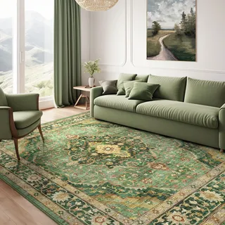 AAFUOO Grüner Teppich, Teppich für Wohnzimmer und Schlafzimmer, waschbarer orientalischer Vintage-Teppich, große rutschfeste Teppiche, Used-Look-Teppich für Esszimmer (Bordüre), 180 x 240 cm