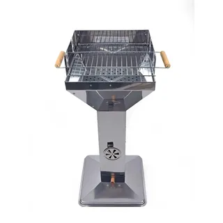 Säulengrill mit 3-fach höhenverstellbarem Grillrost, mit 2 Haltegriffen, Windschutz und Ascheschublade, rostfreier Edelstahl